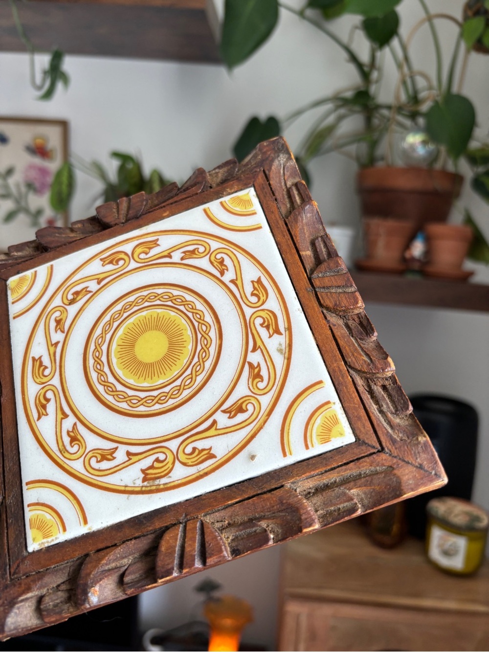 EUC Vintage 70s Set of 2 Mexican Dal Tile Ceramic Wooden Framed Trivets Coasters - Picture 7 of 16